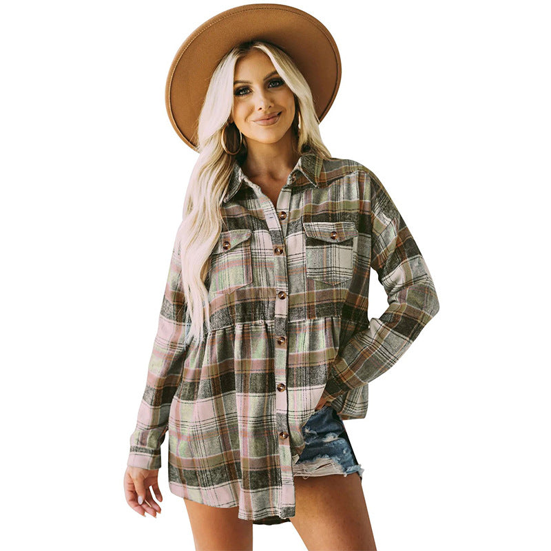 Wholesale Polyester Women's Tops Lapel Long Sleeve Pocket Casual European and American Plaid Shirt